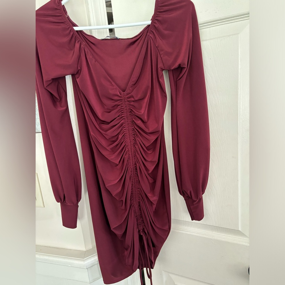 Fashion nova ruched front burgundy dress- size medium